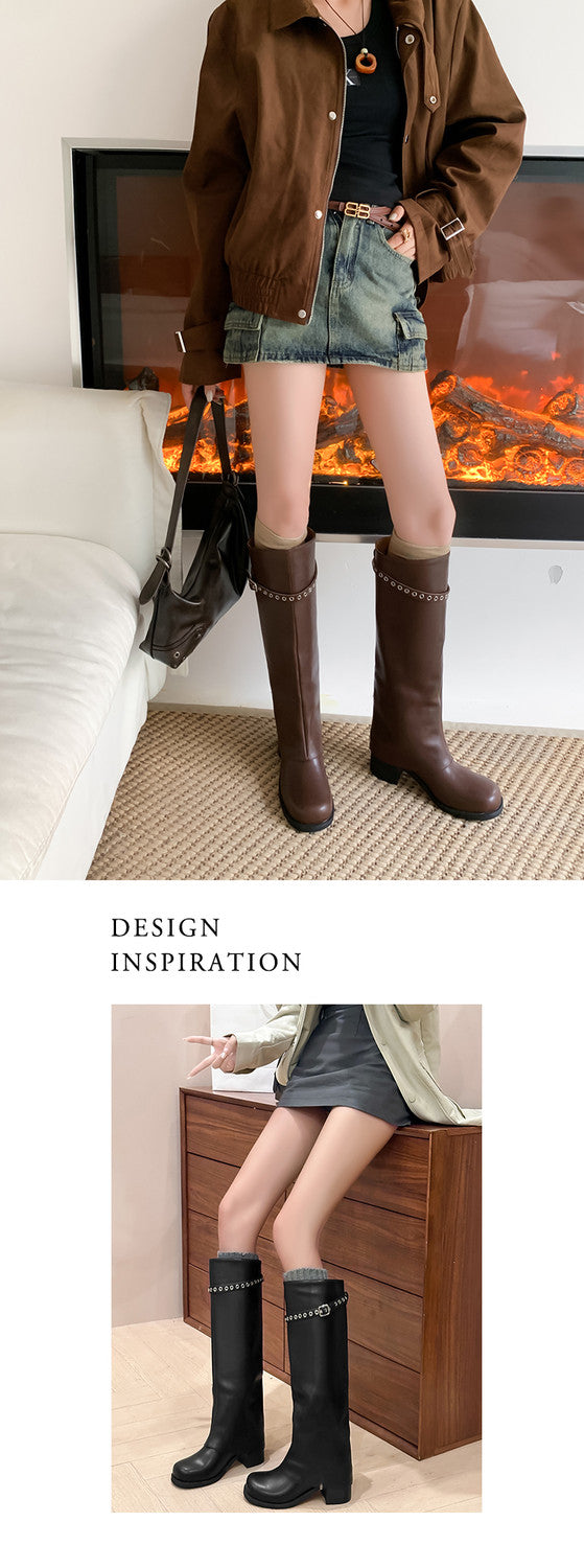 Karin Luna In Stock Spot Goods Belt Buckle Color-Washed Casual Thick-Soled Bootcut Pants Boots