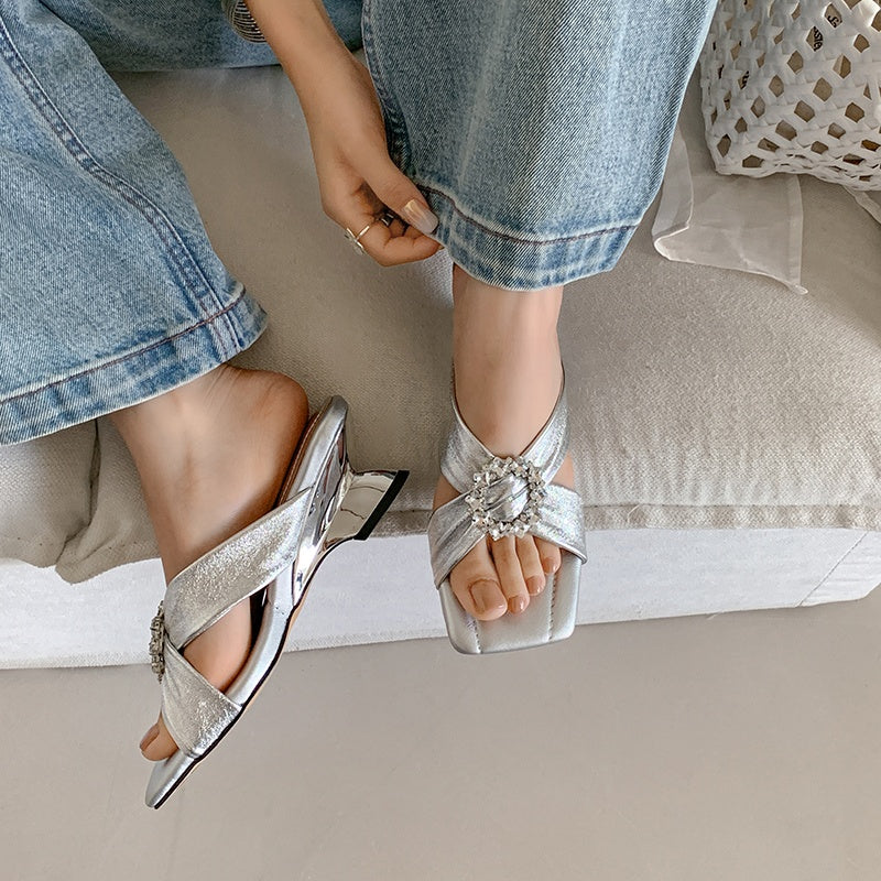 Karin Luna In Stock In Stock Elegant Square-Toe Cross-Strap Rhinestone Square-Toe Slippers