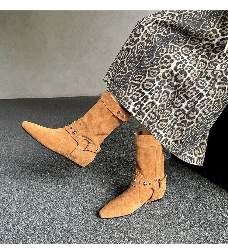 Karin Luna has prepared stock  Hot-Selling Retro Pointed Toe Wedge Metal Buckle High Tube Western Boots