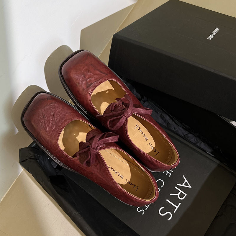 Karin Luna In Stock Spot Goods   Full leather inside and out Vegetable Tanned Hand-Grabbed Sheepskin Square-Toed Chunky Heel Single Shoes