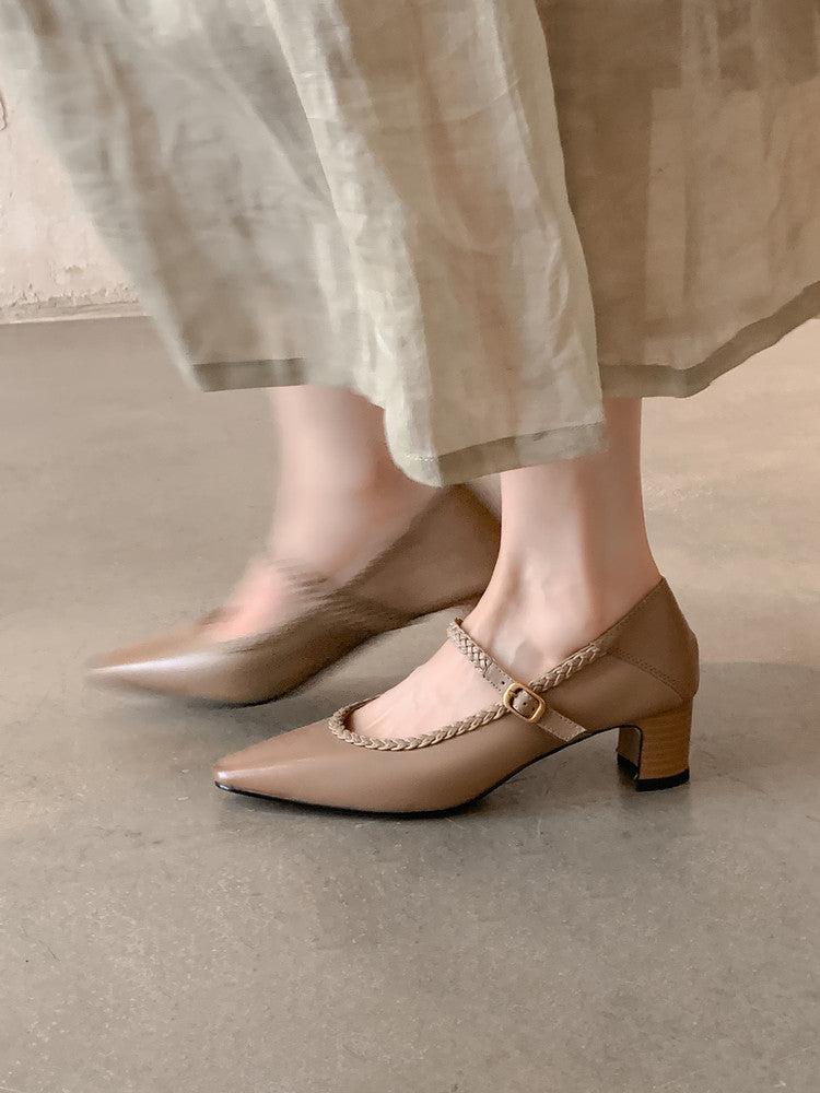 Karin Luna Braided Element Design Chunky Heel Square Toe Single Strap Shoes