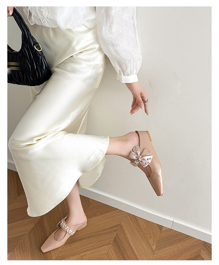Karin Luna Handmade One-Strap Rhinestone Ribbon Square-Toe Mules