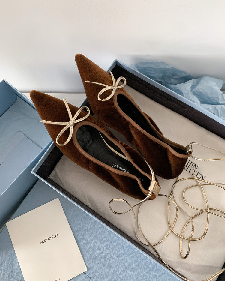 Karin Luna In Stock In Stock Retro Velvet Pointed Toe Bowknot Single Shoes