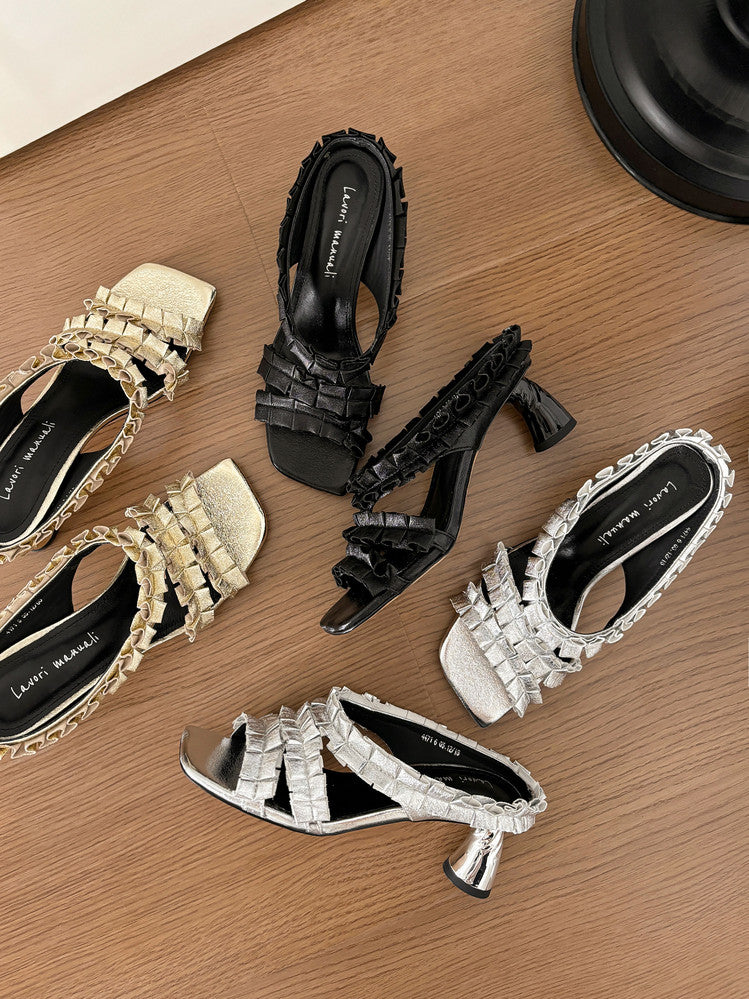 Karin Luna In Stock  Spot Goods  Unique Square-Toe Pleated Lace Sandals