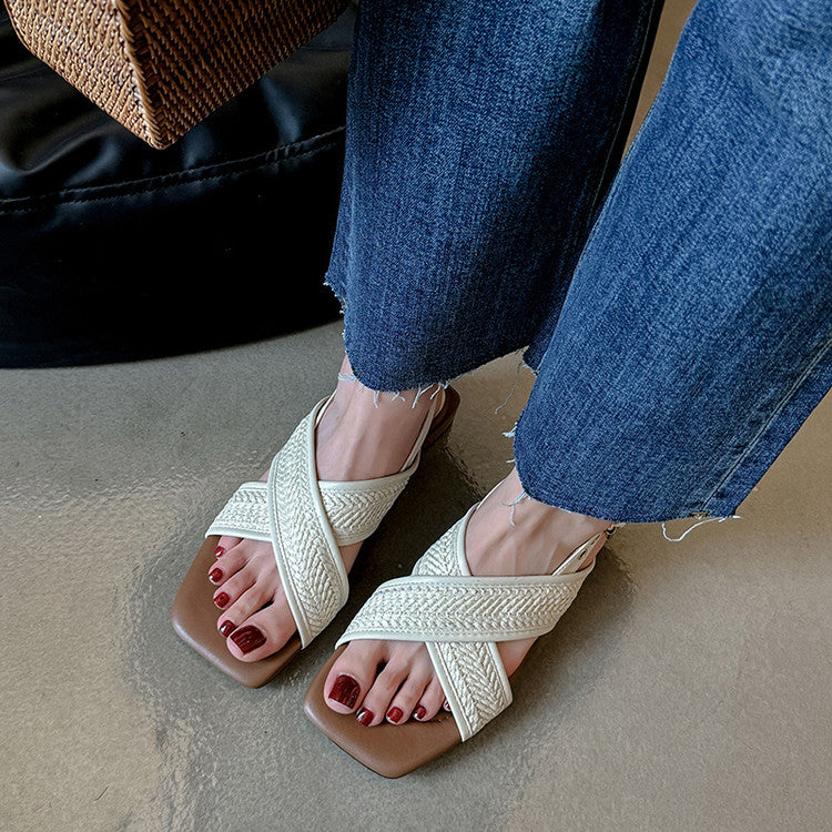 Karin Luna In Stock  Spot Goods Woven Style  Cross-strap Vacation Style Flat Sandals