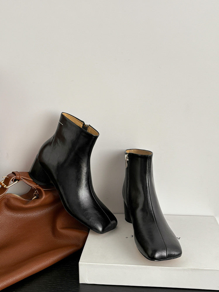 Karin Luna French Style Square Toe Chunky Heel Ankle Boots