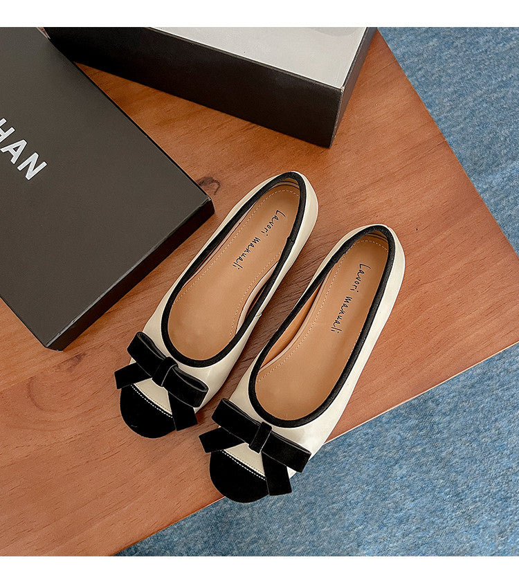 Karin Luna In Stock Spot Goods    Color Block Sweet Bowknot Hidden Wedge Shallow Mouth Flats