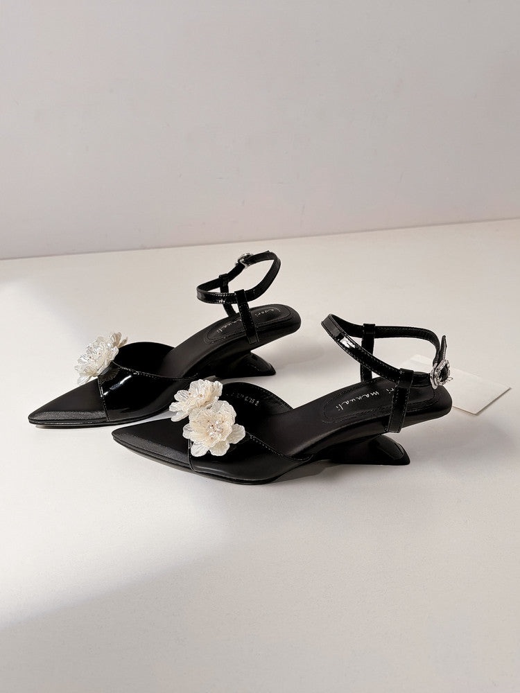 Karin Luna In Stock Spot Goods  Classic Camellia Pointed Toe Elegant Irregular Heel Sandals