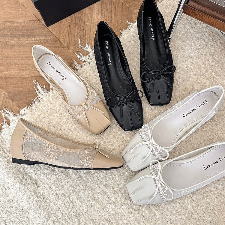 Karin Luna In Stock In Stock  Wrinkled Square Toe Patchwork Breathable Mesh Bow Granny Shoes