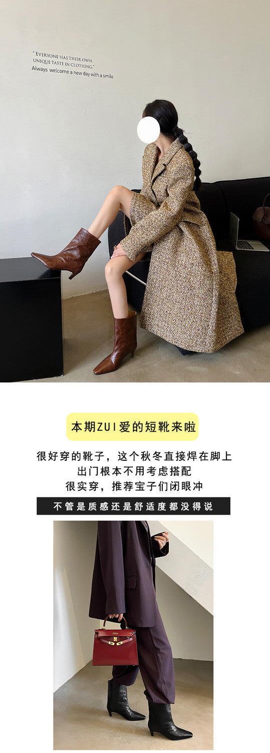 Karin Luna In Stock Spot Goods Top Layer Stone Pattern Cowhide Textured Small Square Toe Straight Short Boots