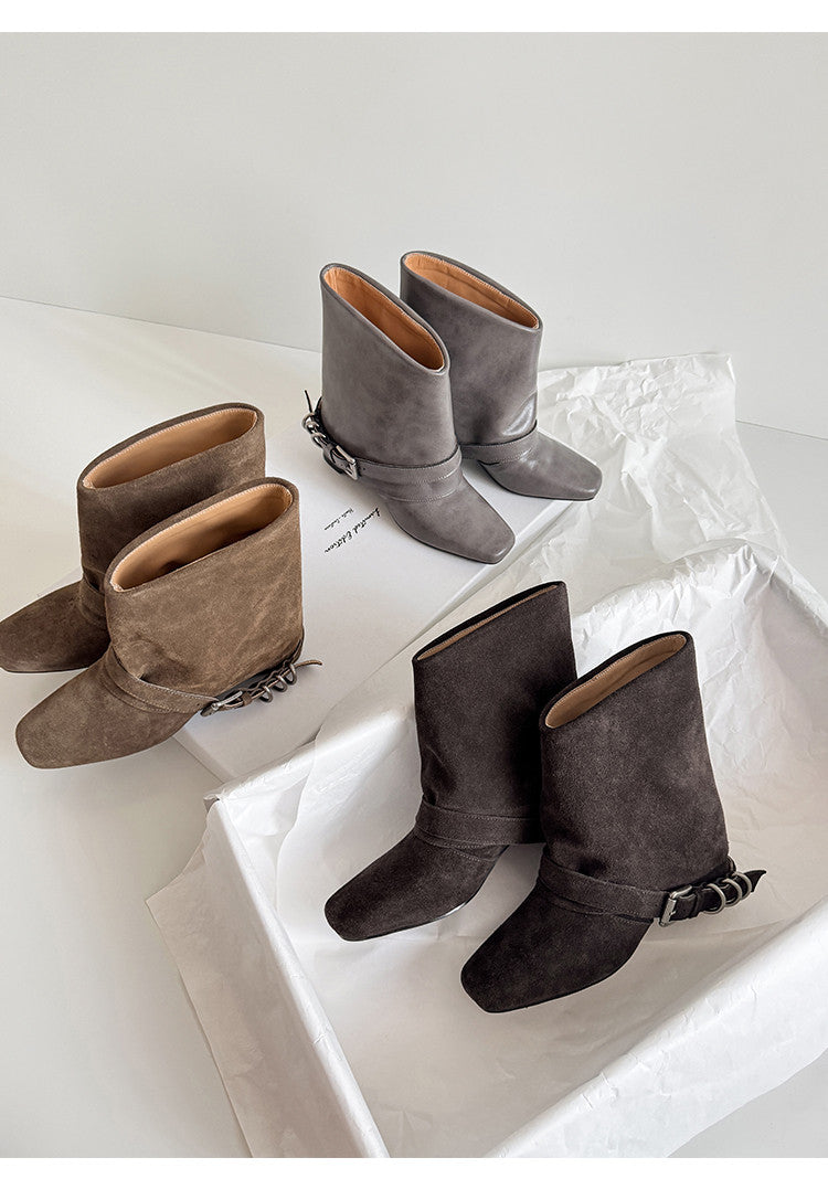Karin Luna Data Hot Item Square Toe Hidden Wedge Belt Buckle Suede Ankle Boots