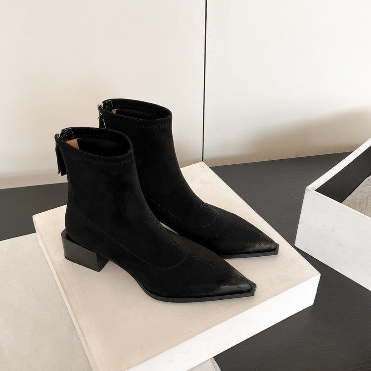 Karin Luna In Stock In Stock Elastic Slim Pointed Toe Chunky Heel Basic Ankle Boots
