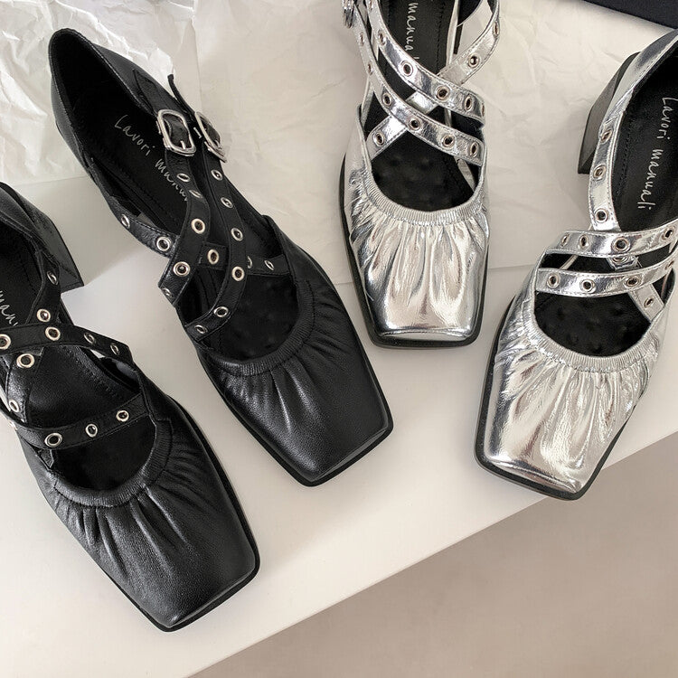 Karin Luna In Stock Spot Goods First Layer Sheepskin Cross Strap Rivet Square Toe Mary Jane Sandals