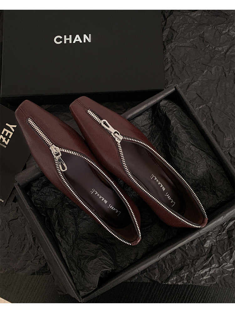 Karin Luna In Stock In Stock ~Basic Versatile Light Luxury Zipper Small Square Toe Flats