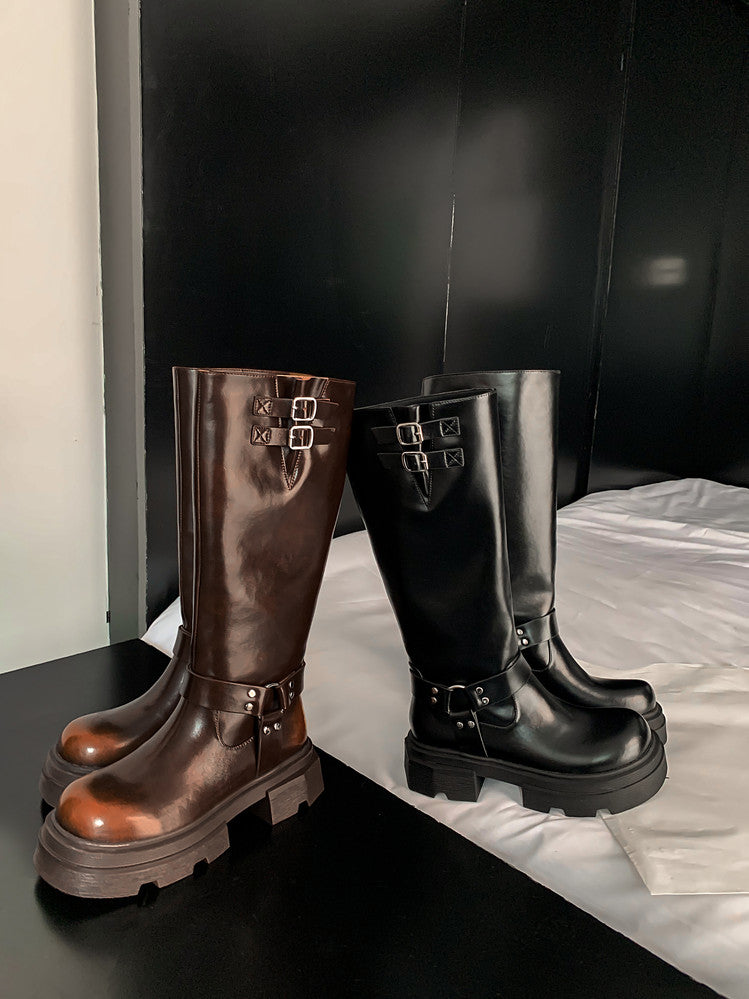 Karin Luna In Stock In Stock  Classic Casual Style Belt Buckle Thick Sole Round Toe Knight Boots Thick Sole