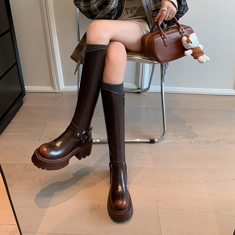 Karin Luna In Stock Spot Goods Round Toe Thick Sole Belt Buckle Straight Long Boots