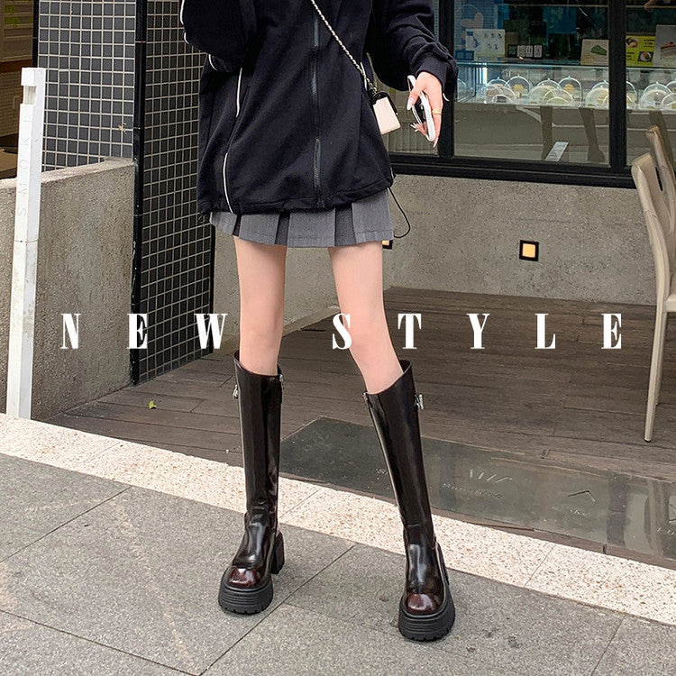 Karin Luna In Stock In Stock  Round Toe Thick Sole Belt Buckle Side Zipper Knight Boots