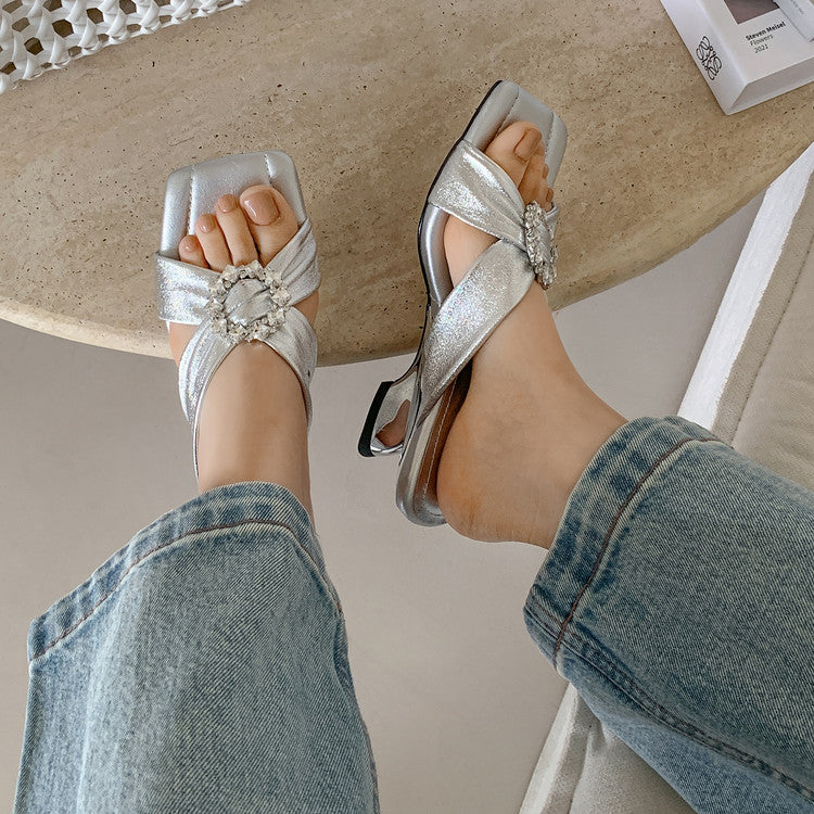 Karin Luna In Stock In Stock Elegant Square-Toe Cross-Strap Rhinestone Square-Toe Slippers