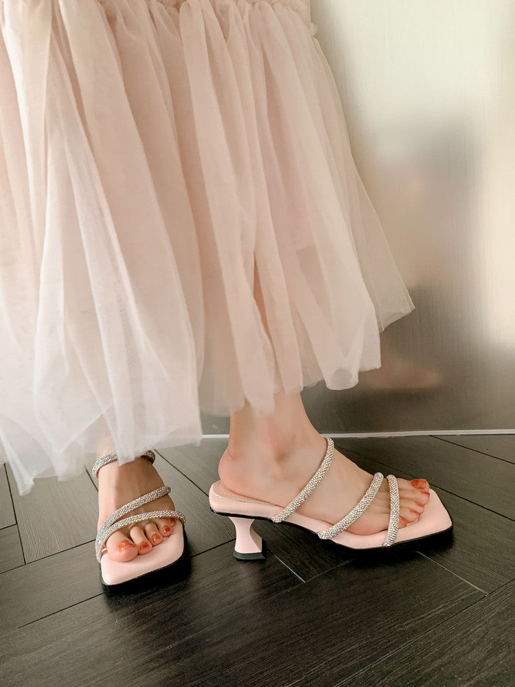 Karin Luna In Stock Spot Goods  Minimalist Versatile Square Toe Rhinestone Strap Open-Toe Sandals