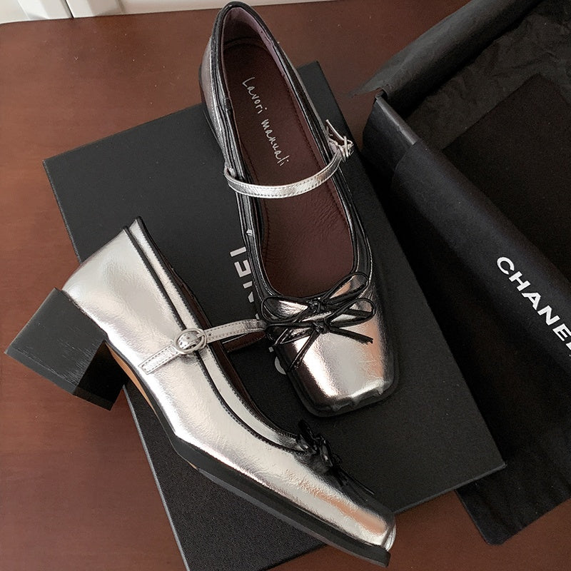 Karin Luna In Stock Spot Goods   One-strap Bowknot Square Toe Chunky Heel Mary Jane Shoes
