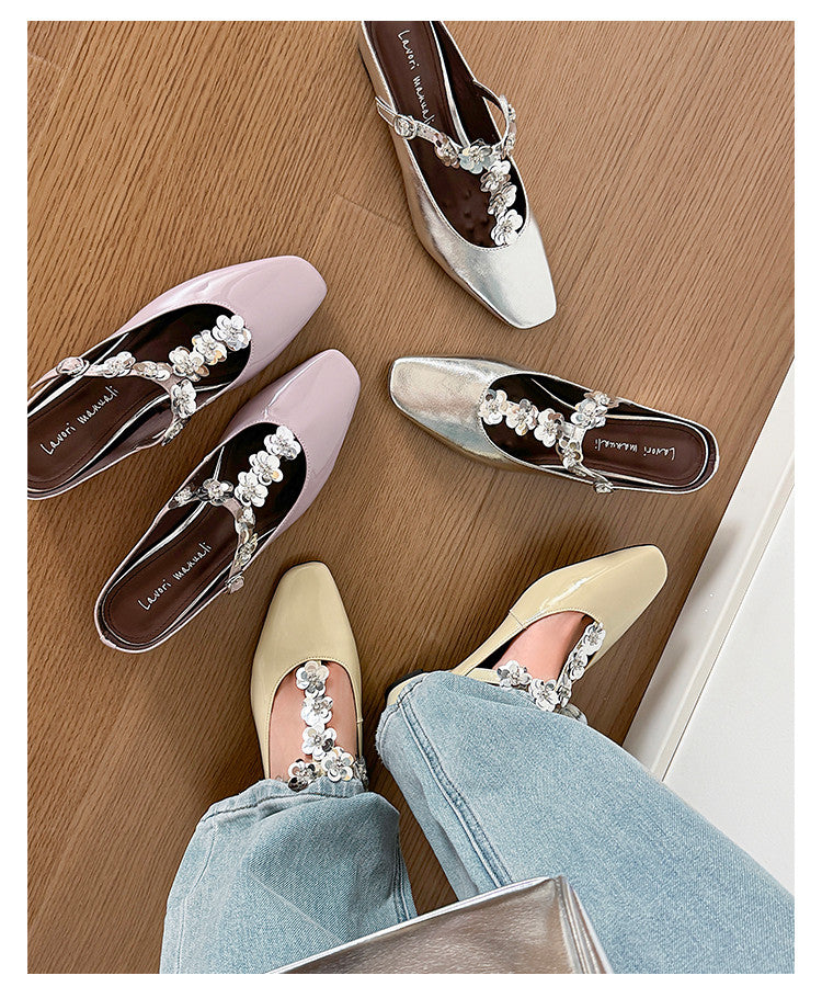 Karin Luna In Stock Spot Goods  T Handmade Sequin Flower Square Toe Height-Increasing Closed-Toe Slippers