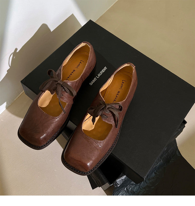 Karin Luna In Stock Spot Goods   Full leather inside and out Vegetable Tanned Hand-Grabbed Sheepskin Square-Toed Chunky Heel Single Shoes