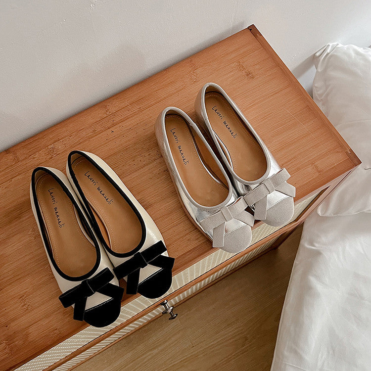 Karin Luna In Stock Spot Goods    Color Block Sweet Bowknot Hidden Wedge Shallow Mouth Flats