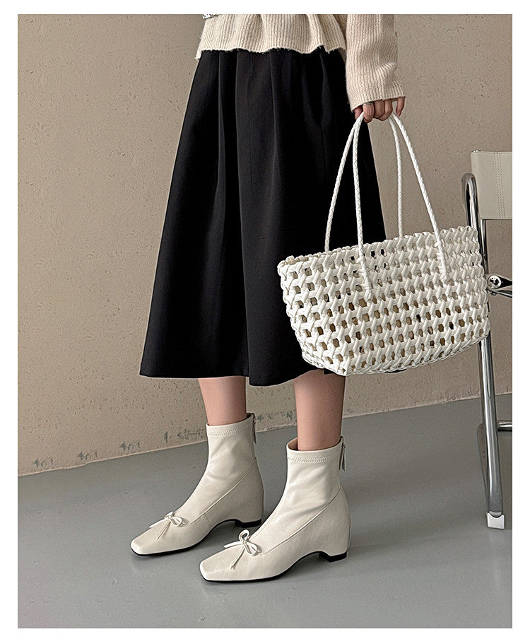 Karin Luna French Style Square Toe Bowknot Hidden Wedge Slim Boots