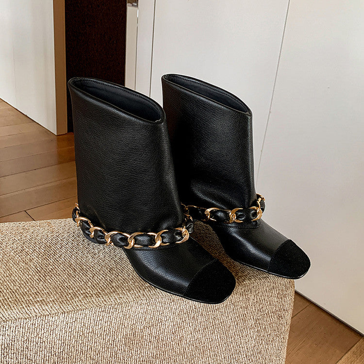 Karin Luna Classic Style Fragrant Family Style Chunky Heel Chain Ankle Boots