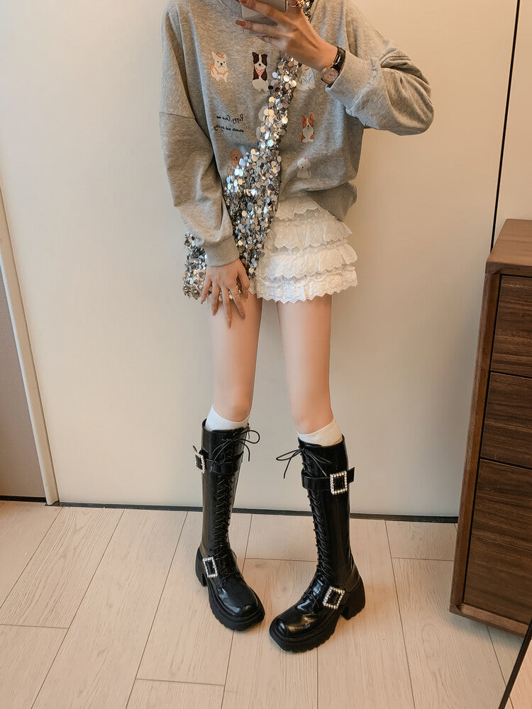 Karin Luna In Stock Spot Goods Bestselling Extended Version Rhinestone Square Buckle Thick Sole Lace-up Thick Sole Full Cowhide Knight Boots