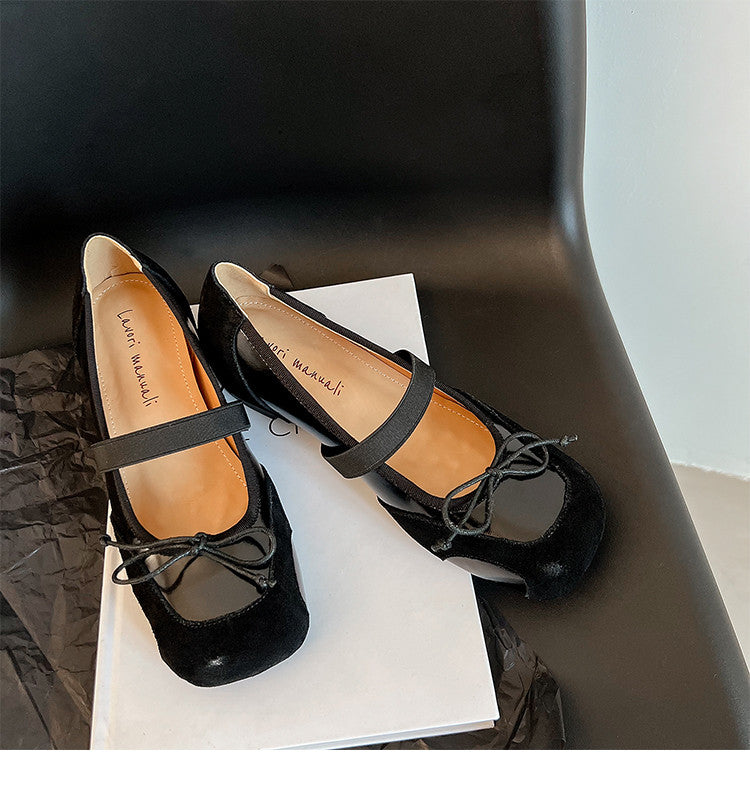 Karin Luna In Stock Spot Goods    Color Block Cowhide Leather Square Toe Slip-On Height Increasing Bowknot Flats
