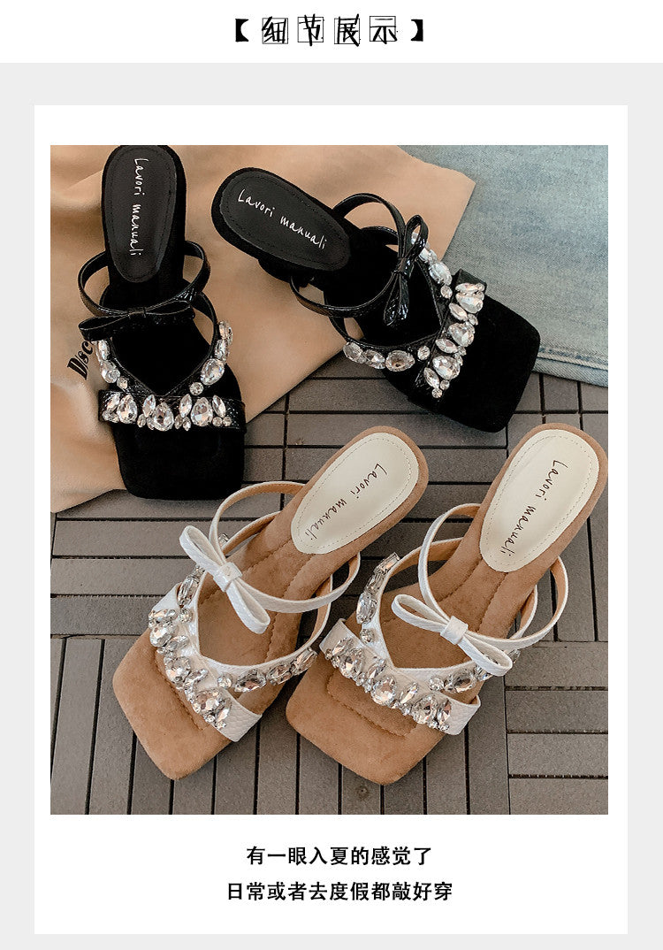 Karin Luna In Stock In Stock  Square Toe Rhinestone Bow Suede Slippers