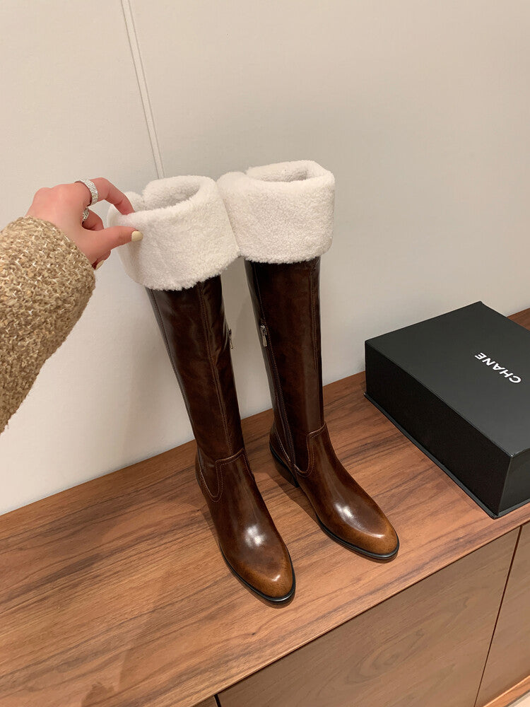 Karin Luna exploded  Three versions exploded Single Fleece Lining Fur Collar Version  Thick Fur Collar Foldable Hot-Selling Full Cowhide Pointed Toe Chunky Heel Classic Style