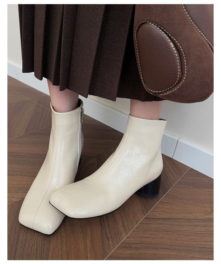 Karin Luna French Style Square Toe Chunky Heel Ankle Boots
