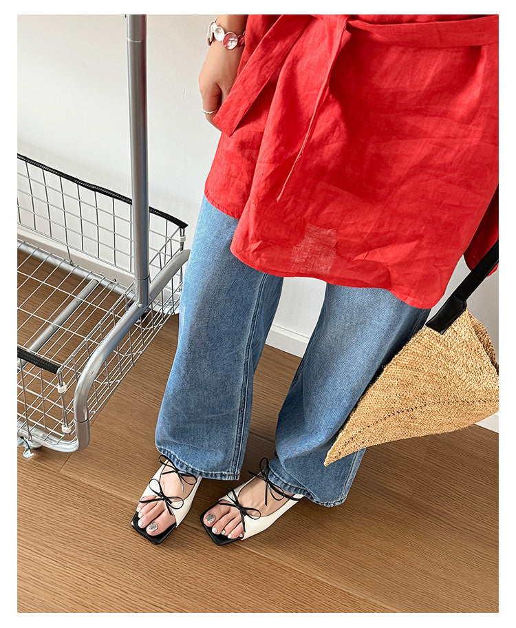 Karin Luna In Stock Spot Goods Square Toe Double Bow Thick Heel Sandals