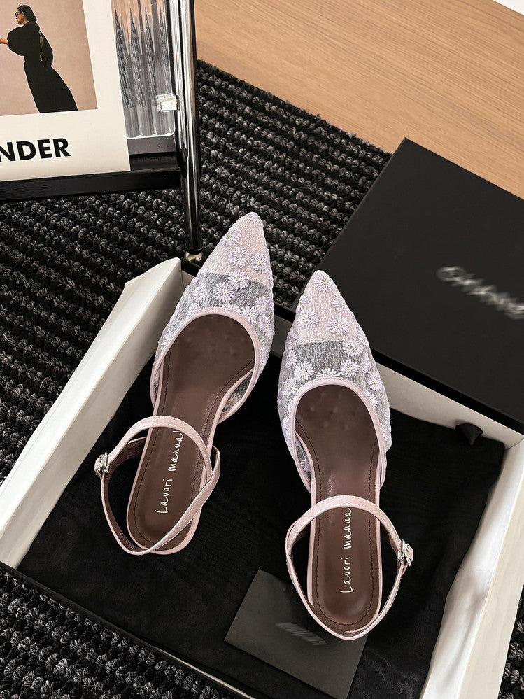 Karin Luna In Stock Spot Goods Embroidered Daisy Sheepskin Mesh Elegant Closed-Toe Slippers