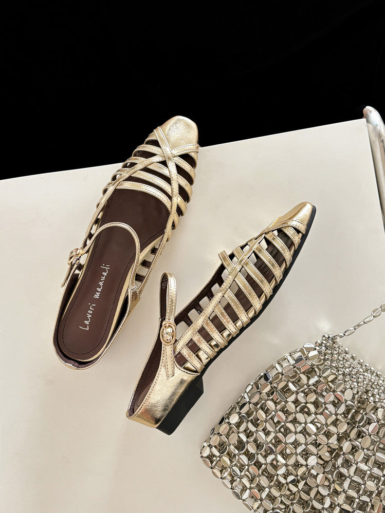 Karin Luna In Stock Spot Goods   French Retro Hollow Small Square Toe One-Strap Slippers