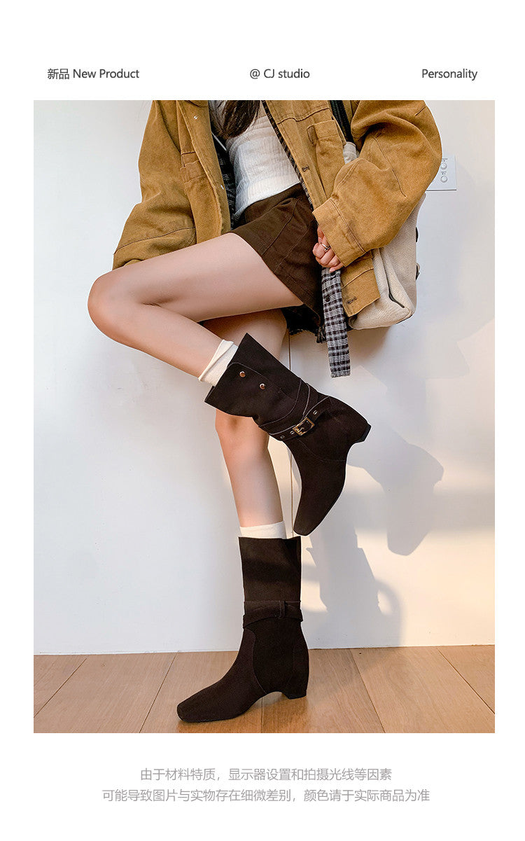 Karin Luna Foldable Belt Buckle Square Toe Hidden Wedge Short Boots