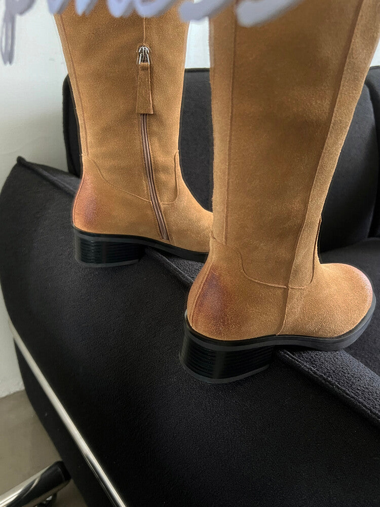 Karin Luna Chunky Heels Round Head Belt Buckle  Fashionable Suede Boots