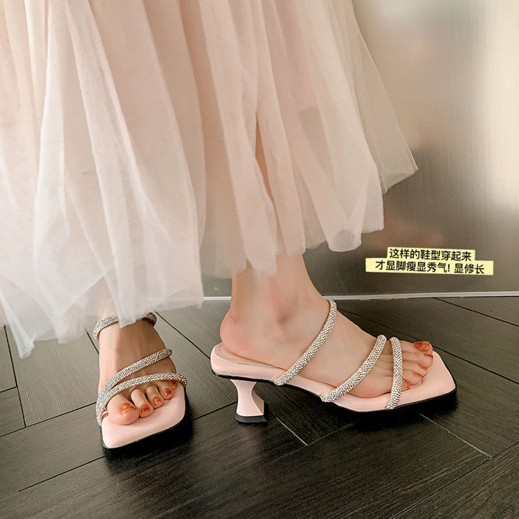 Karin Luna In Stock Spot Goods  Minimalist Versatile Square Toe Rhinestone Strap Open-Toe Sandals