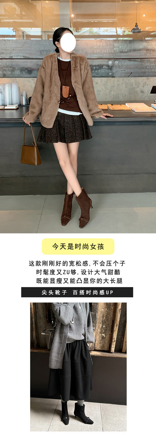 Karin Luna Elegant Style Small Square Toe Belt Buckle Thin Heel Short Boots