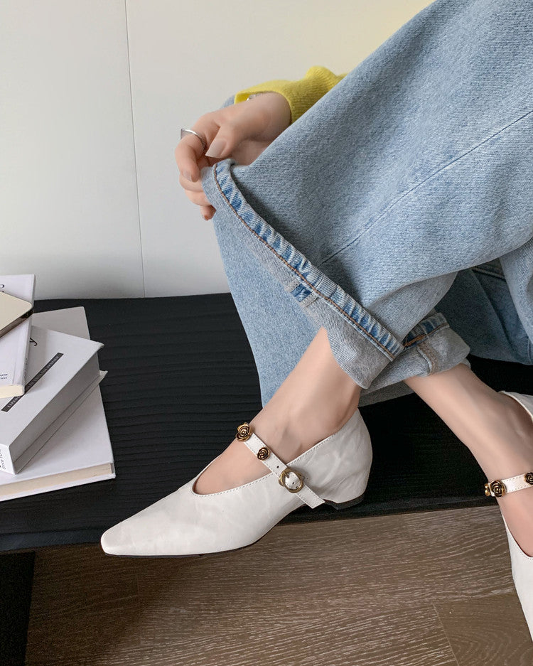 Karin Luna In Stock Spot Goods    Retro Classic Metal Camellia Irregular Heel Single Shoes