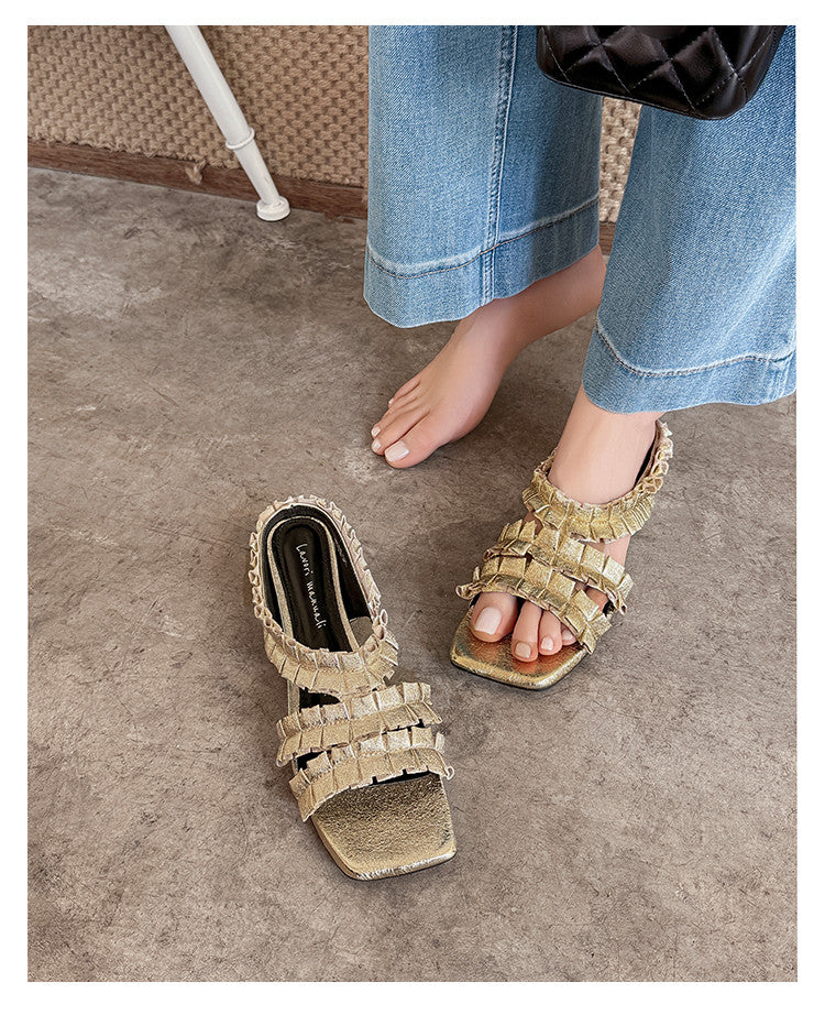 Karin Luna In Stock   Spot Goods  Niche Design Square-Toed Pleated Flat Slippers