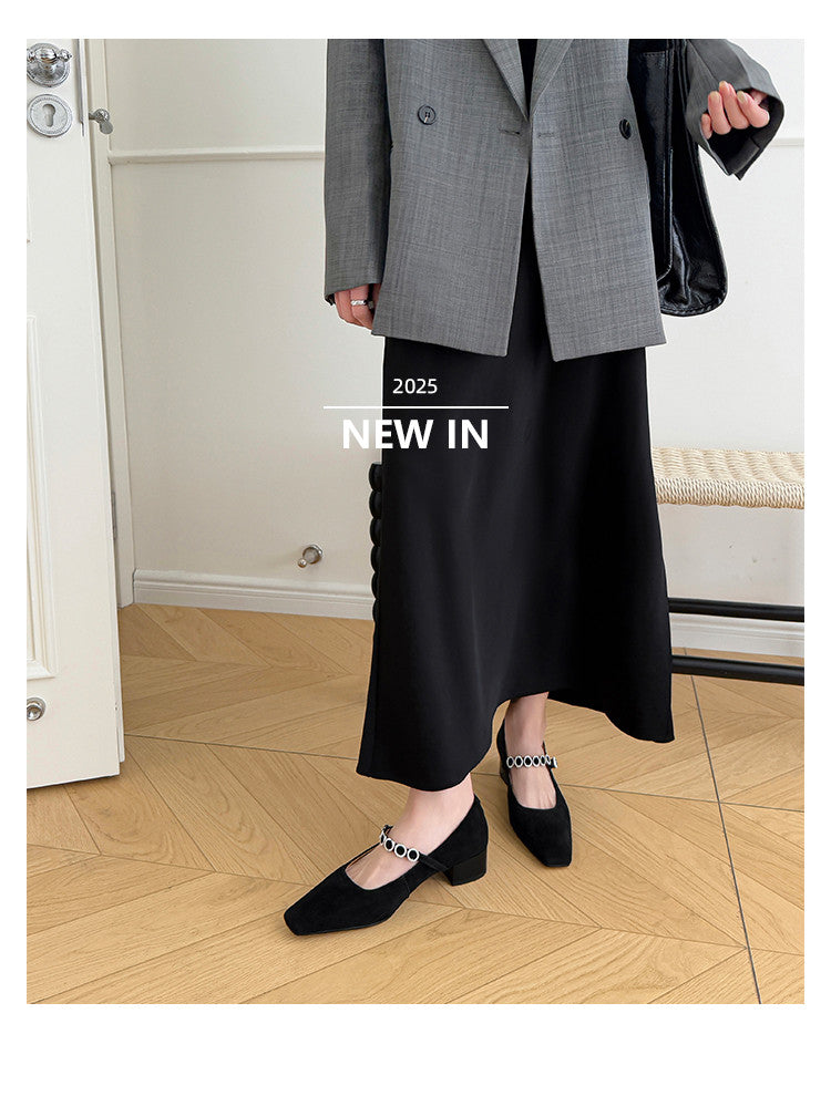 Karin Luna In Stock Spot Goods  Vintage Full Leather Square Toe Rhinestone Strap Shallow Mouth Single Shoes
