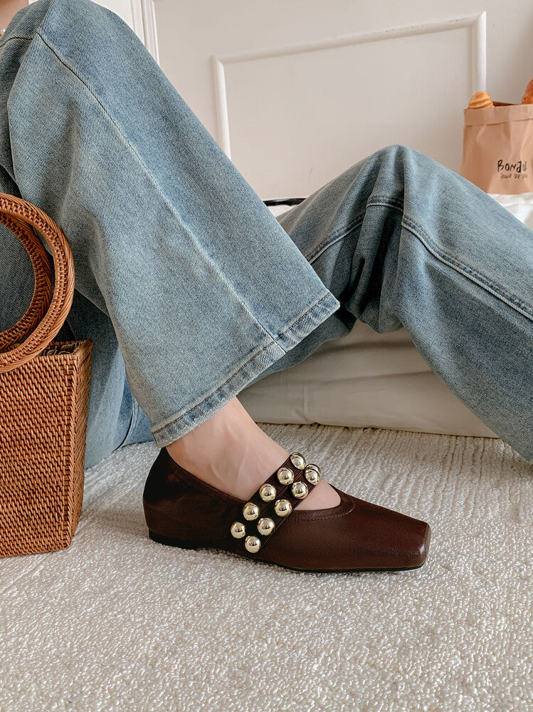Karin Luna In Stock Spot Goods  Pig Nose Metal Strap Super Soft Granny Full Leather Mary Jane Shoes