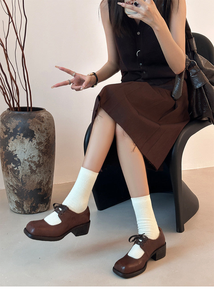 Karin Luna In Stock Spot Goods   Full leather inside and out Vegetable Tanned Hand-Grabbed Sheepskin Square-Toed Chunky Heel Single Shoes