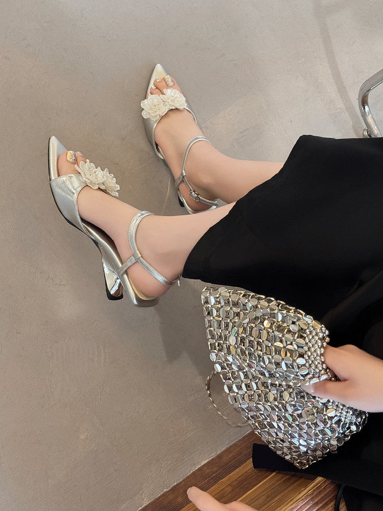 Karin Luna In Stock Spot Goods  Classic Camellia Pointed Toe Elegant Irregular Heel Sandals