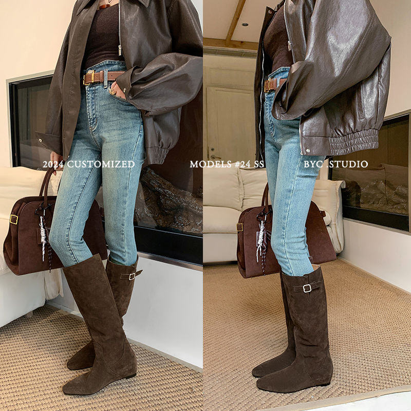 Karin Luna In Stock Spot Goods Vintage Cowhide Leather Chunky Heel Height Increasing Long Boots