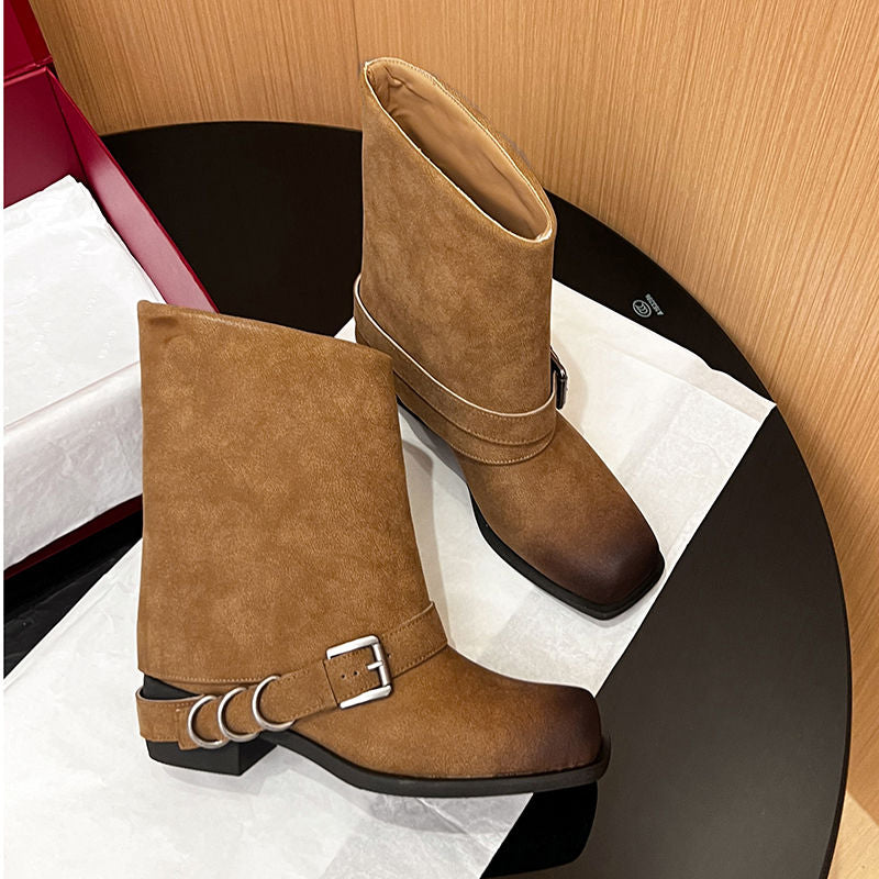 Karin Luna Elegant Style Square Toe Belt Buckle Pants Boot Short Boots