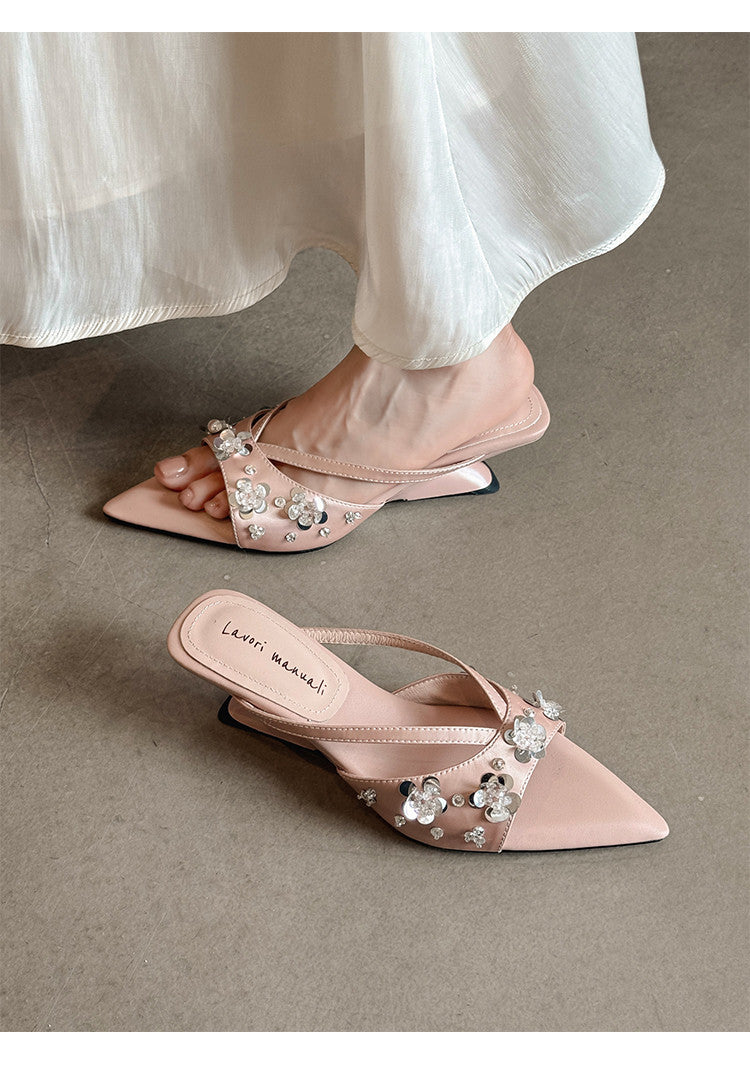Karin Luna Bestseller Sequin Elements Elegant Pointed Toe Irregular Heel Slippers